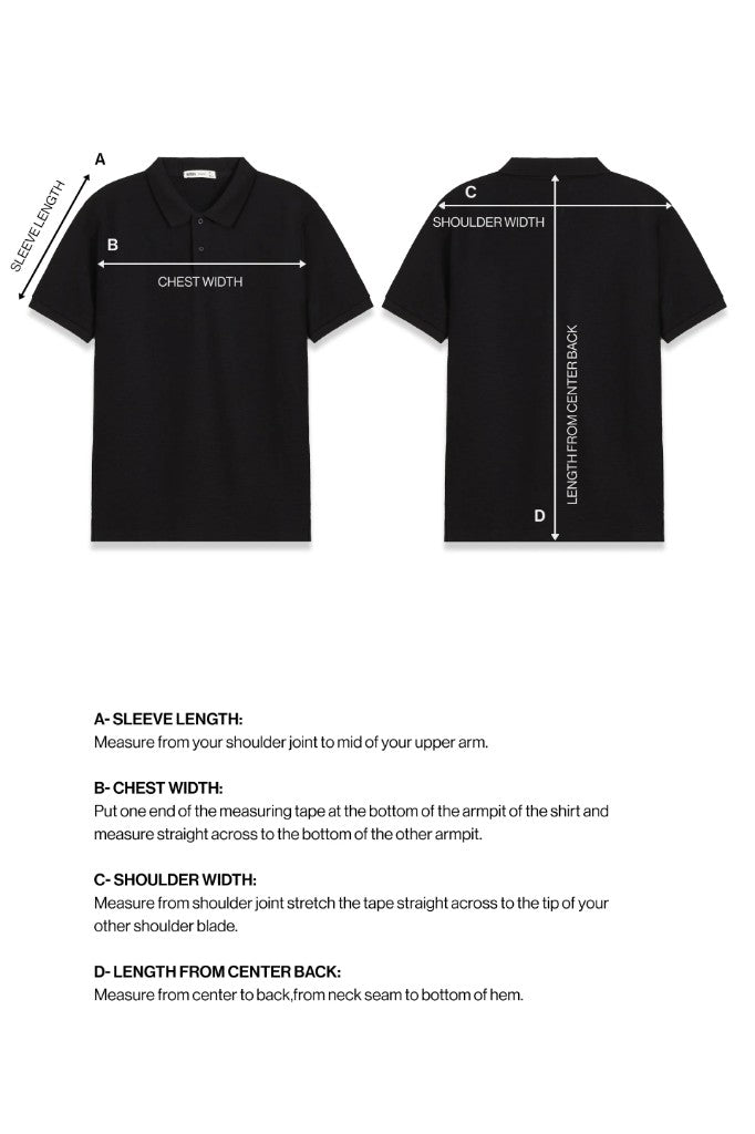 Polo size guide — sleeve length, chest width, shoulder width, and length from center back