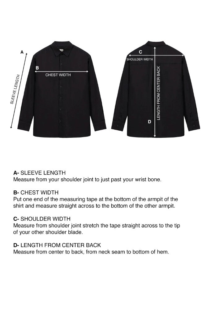 Shirt size guide — sleeve length, chest width, shoulder width, and length from center back